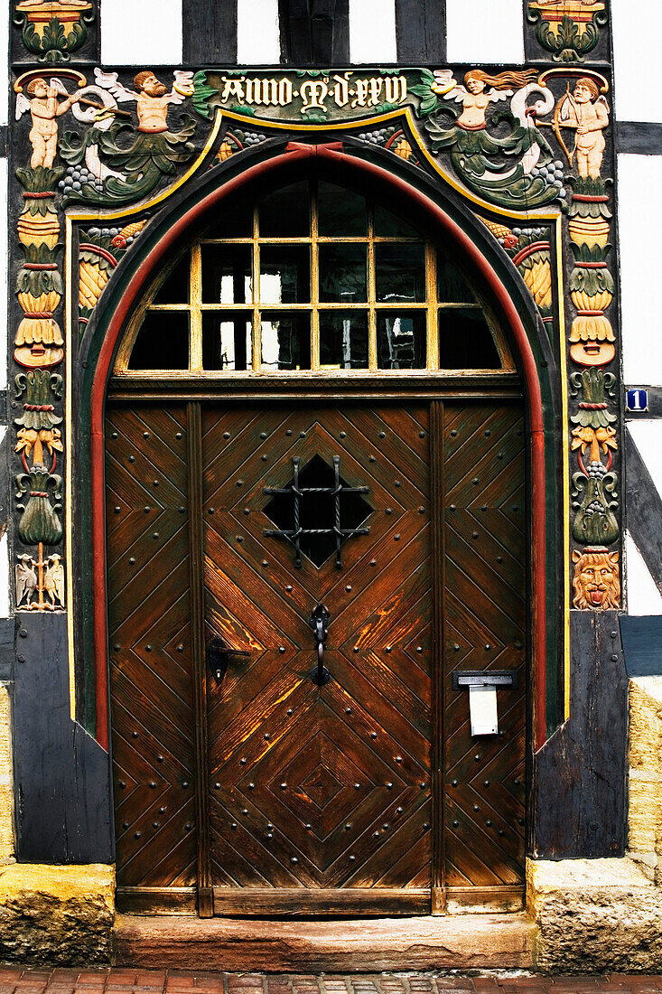 Doorway of half-timbered house, Goslar, Bremen &amp; Lower Saxony, Germany
