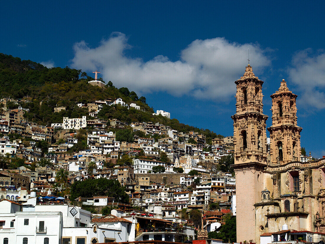 Church of Santa Prisca and view over town, Taxco, Guerrero State, Mexico