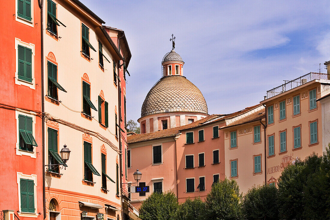 View showing town architecture and church dome, Varese Ligure, Liguria, Italy