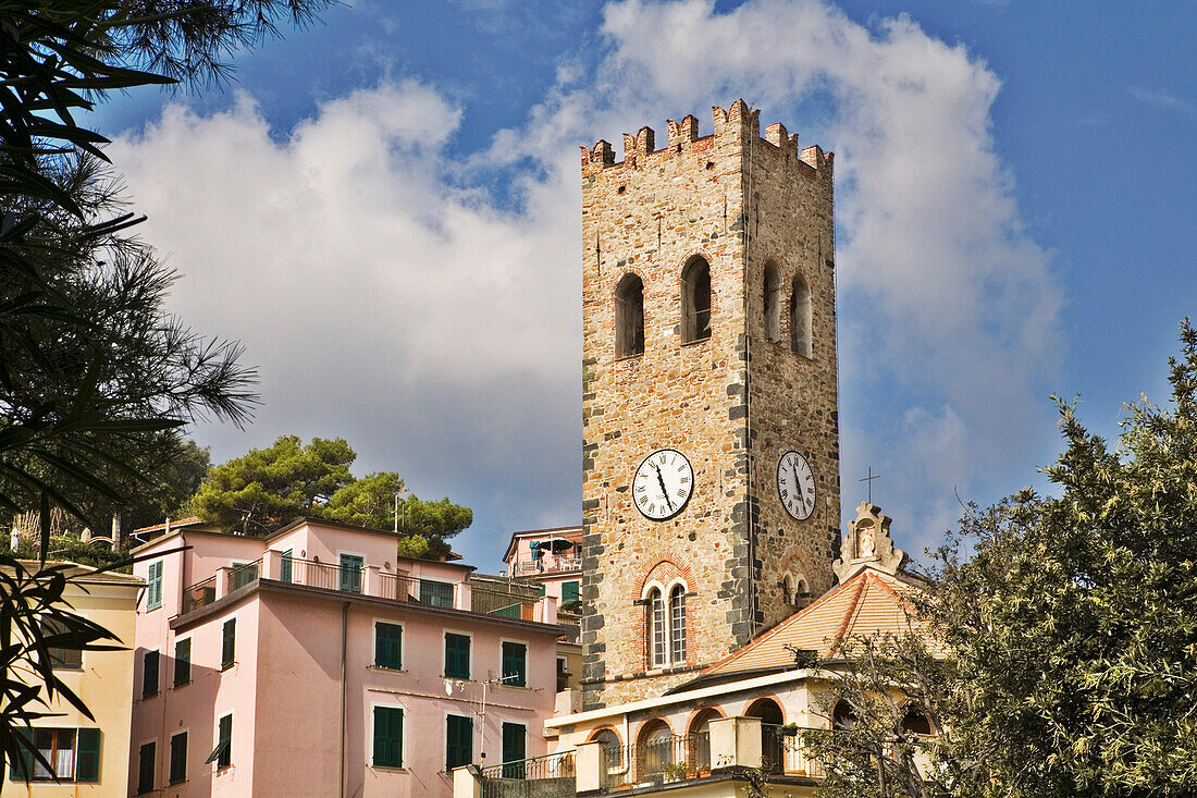 Village scene with clocktower, Monterosso al Mare, Liguria, Italy