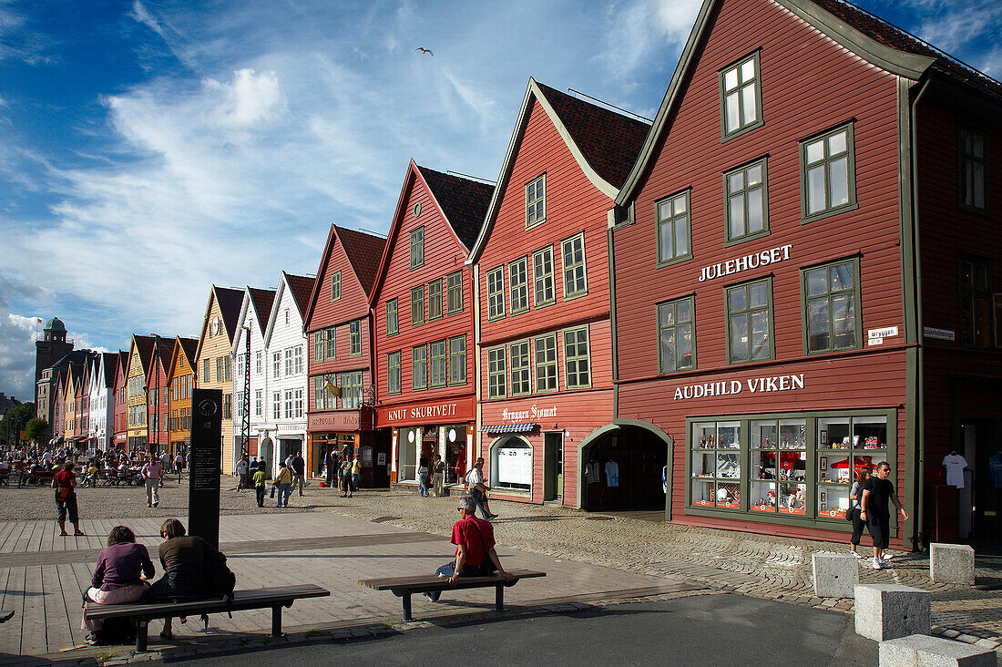 Old wooden buildings at the Bryggen World Heritage Site, Bergen, Hordaland, Norway