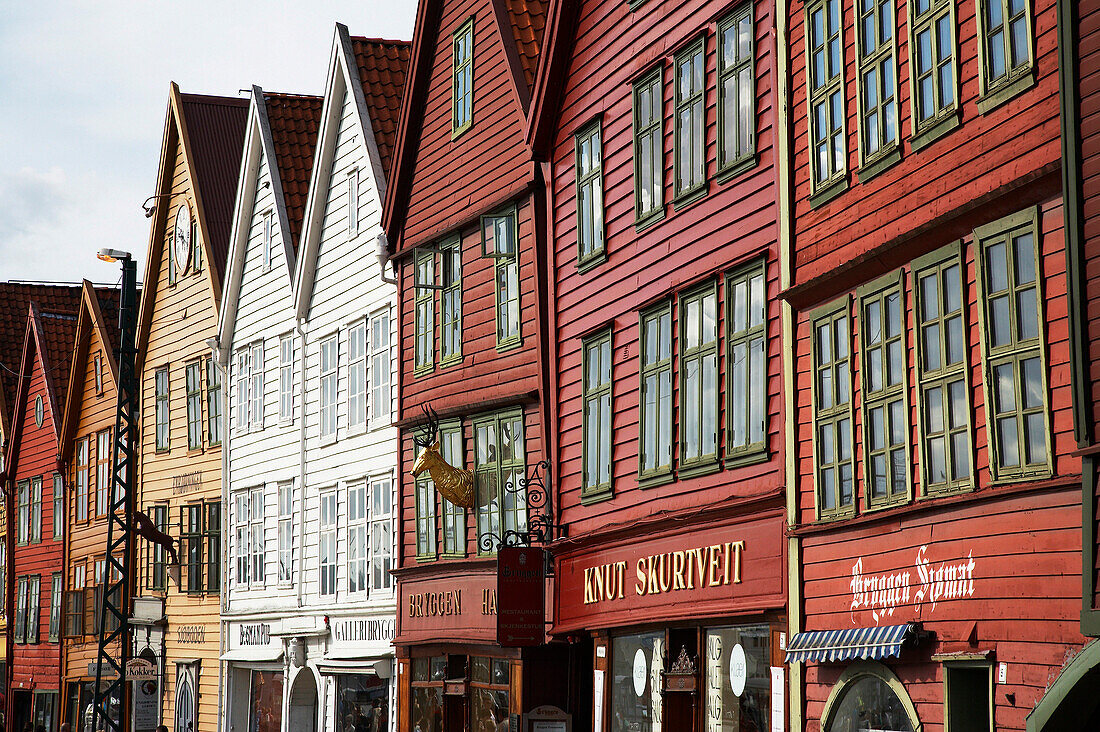 Old wooden buildings at the Bryggen World Heritage Site, Bergen, Hordaland, Norway