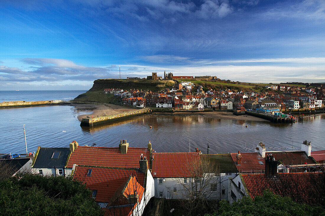 Whitby Old Town and Outer Harbour, Whitby, Yorkshire, UK, England