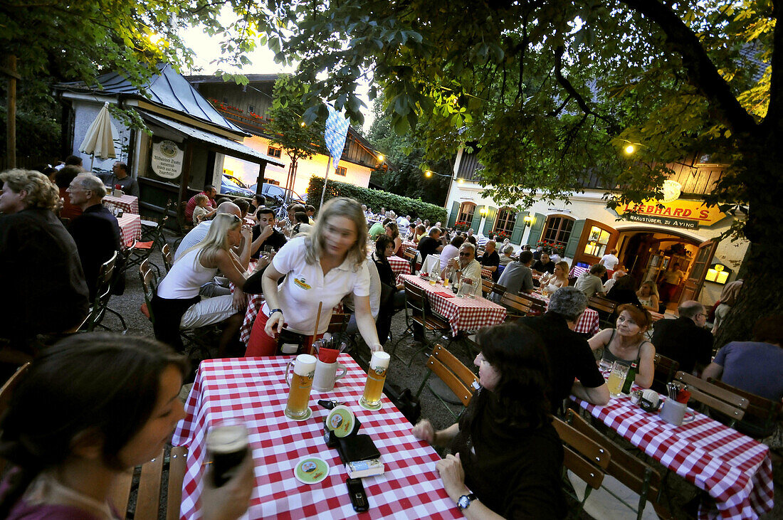 Guests in a beergarden, Aying, Bavaria, Germany