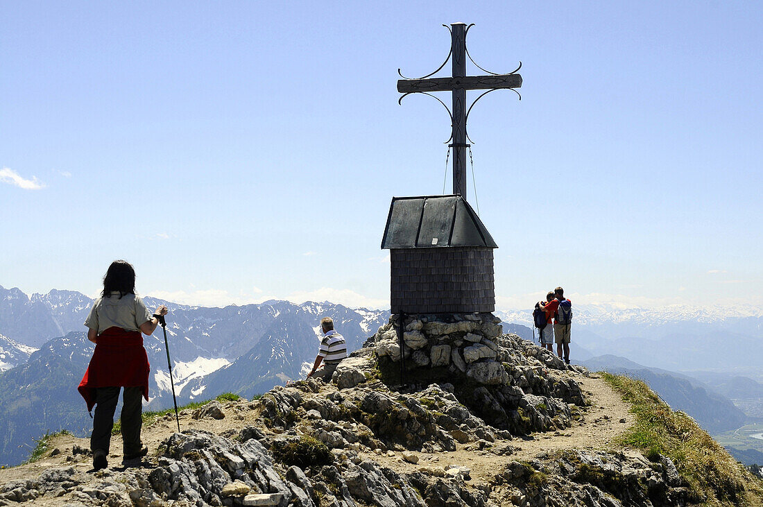Mountain hikers on mount Geigelstein, Chiemgau, Upper Bavaria, Germany