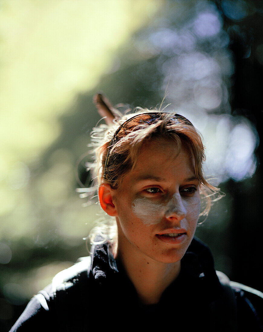 Portrait of a young woman, outdoor guide Sanne Maas, Abel Tasman National Park, North Coast, South Island, New Zealand