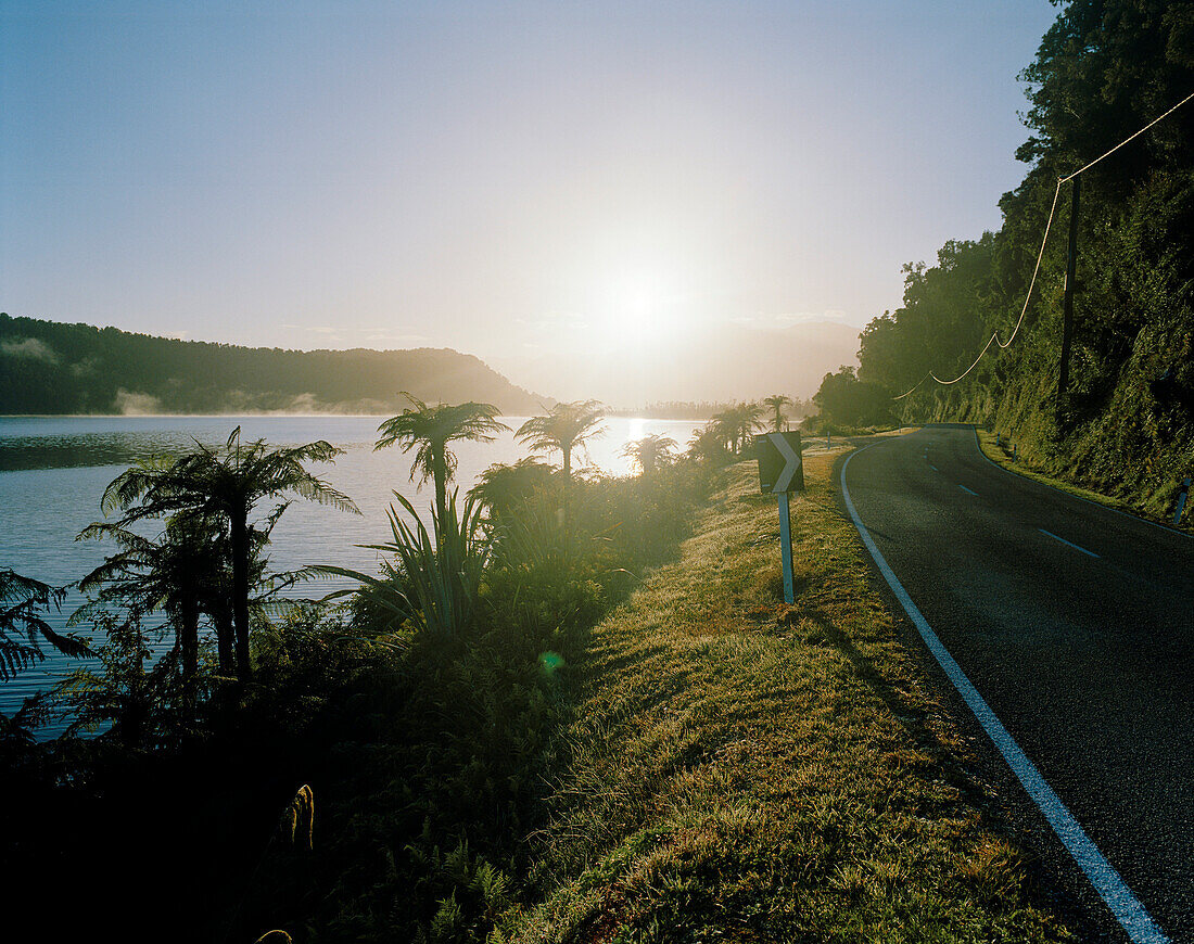 Highway 6 and Lake Wahapo at sunrise, Westland National Park, West coast, South Island, New Zealand