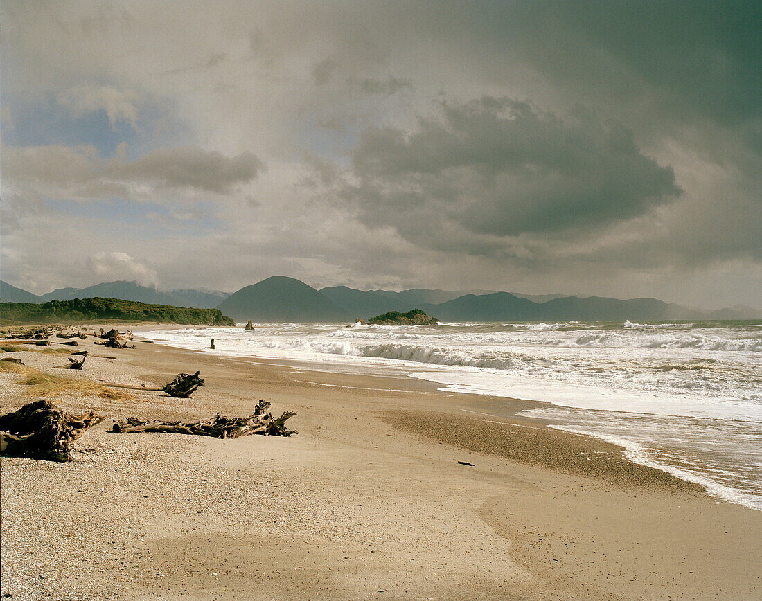 Driftwood on the beach and surge under grey clouds, Okuru Beach, West coast, South Island, New Zealand