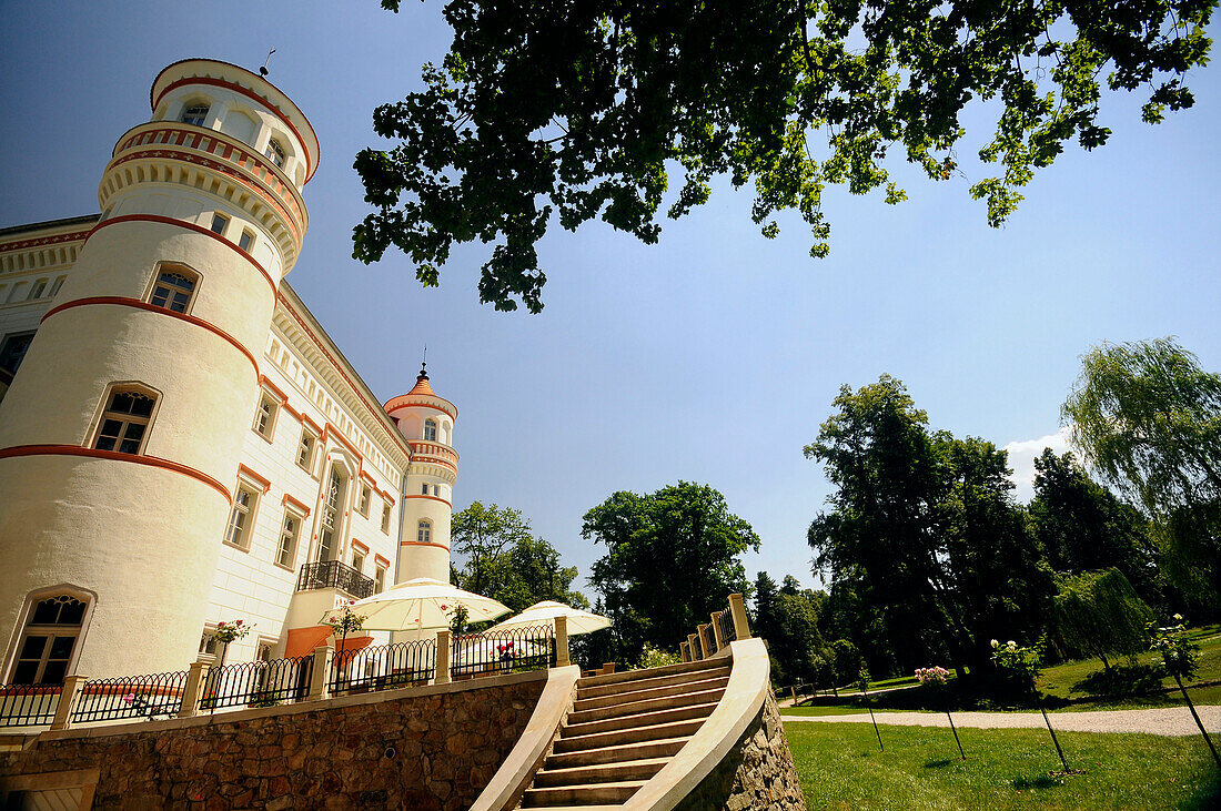 View at hotel Wojanow castle in the sunlight, Lomnica, Bohemian mountains, Lower Silesia, Poland, Europe