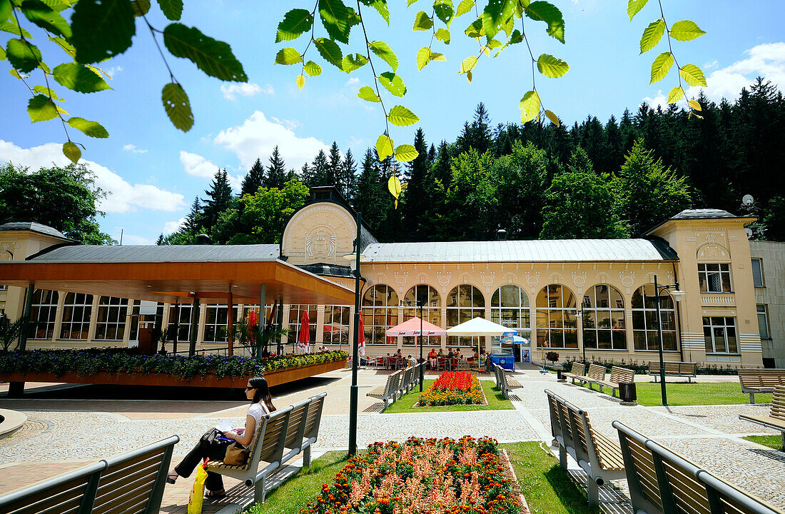 View at buildings at the health resort Janske Lazne, Bohemian mountains, Czech Republic, Europe