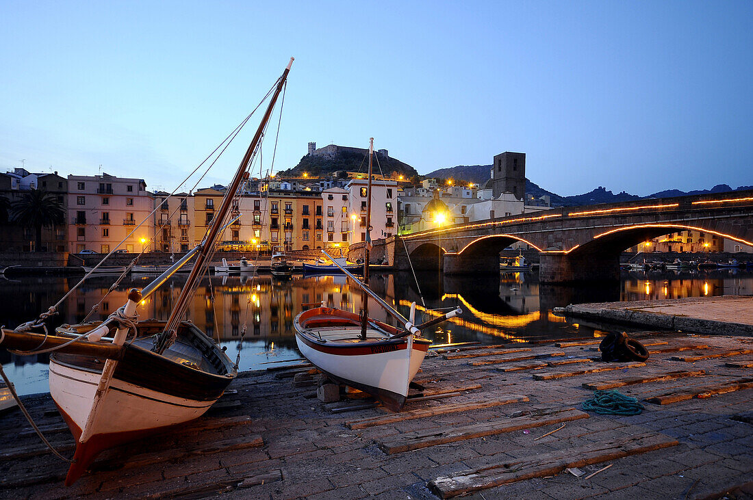 Houses and boats at the river Temo in the evening, Bosa, Sardinia, Italy, Europe