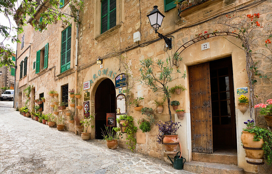 Street with residential houses at Valldemossa, Tramuntana Mountains, Mallorca, Balearic Islands, Spain, Europe