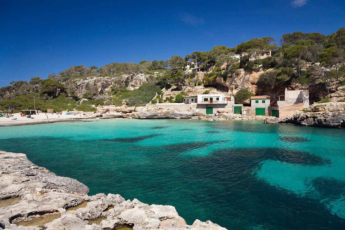 Bay of Cala Llombards under blue sky, Mallorca, Balearic Islands, Spain, Europe