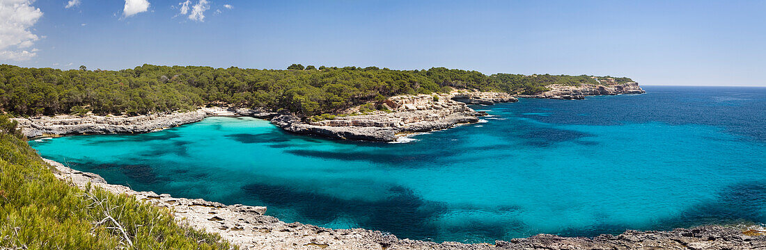 Cliffs in the bay Cala Mondragó in the sunlight, natural park of Mondragó, Mallorca, Balearic Islands, Mediterranean Sea, Spain, Europe
