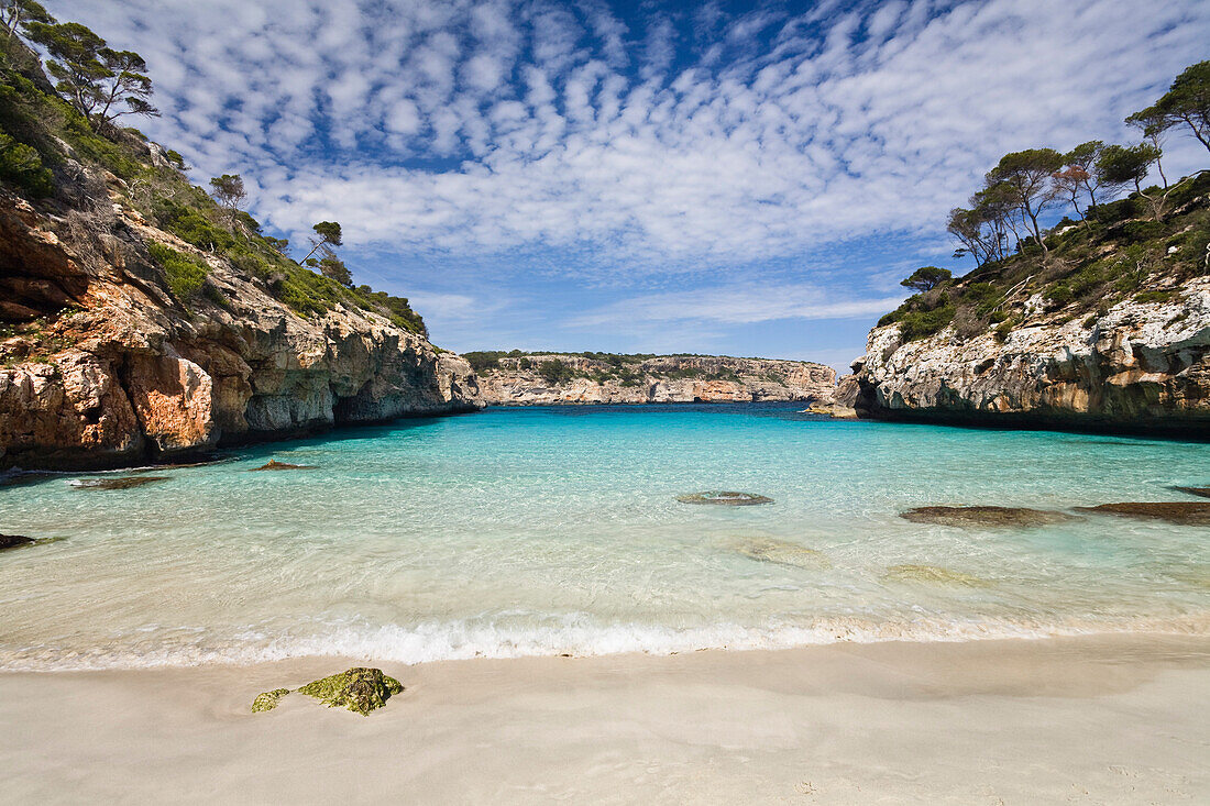 Deserted beach in the bay Caló d'Es Moro, Mallorca, Balearic Islands, Mediterranean Sea, Spain, Europe