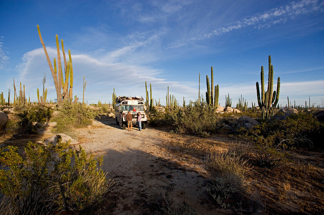 Eine Familie steht vor einem Schulbus inmitten Kakteen in der Wüste, Catavina, Baja California Sur, Mexiko, Amerika