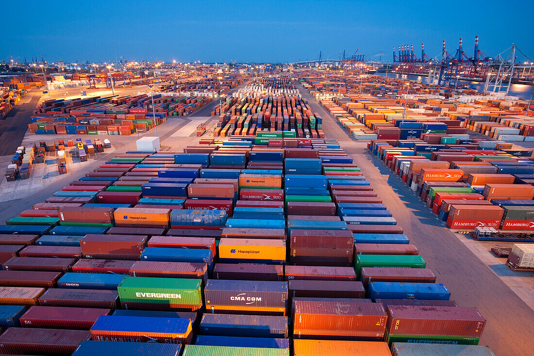 High angle view of container port at night, Port of Hamburg, Germany
