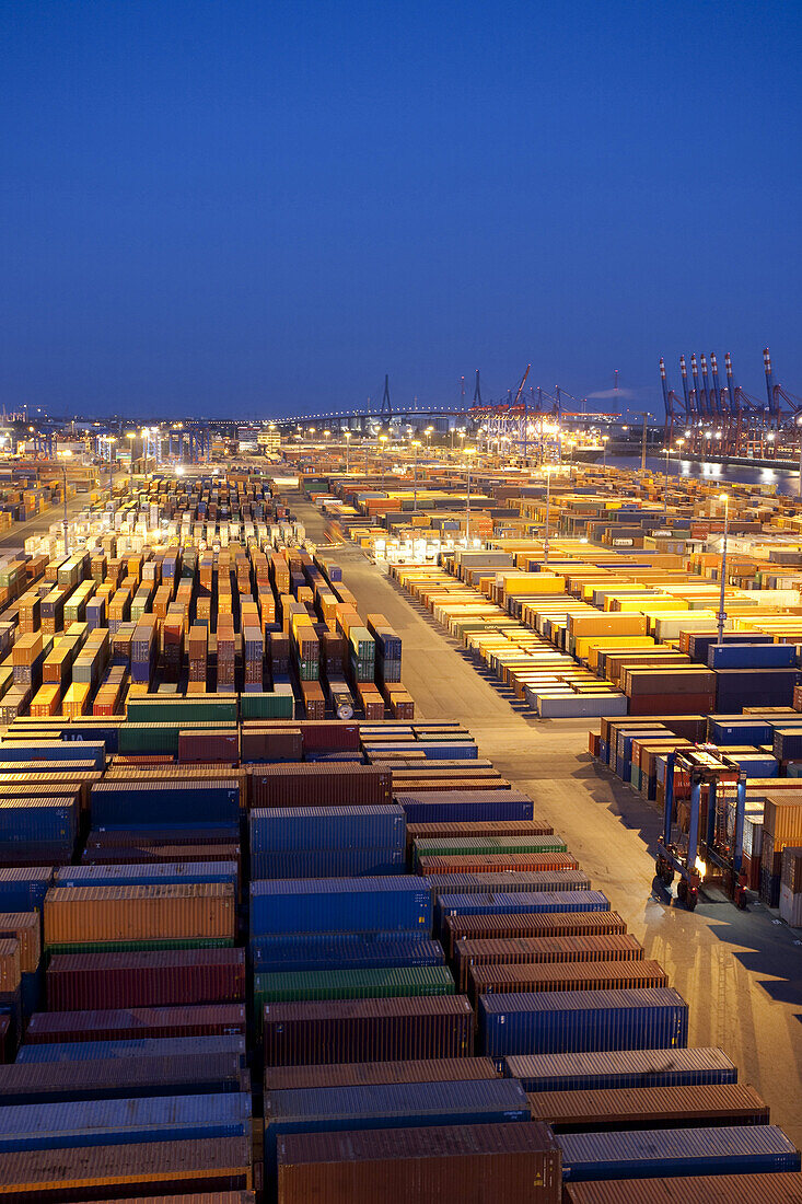 High angle view of container port at night, Port of Hamburg, Germany