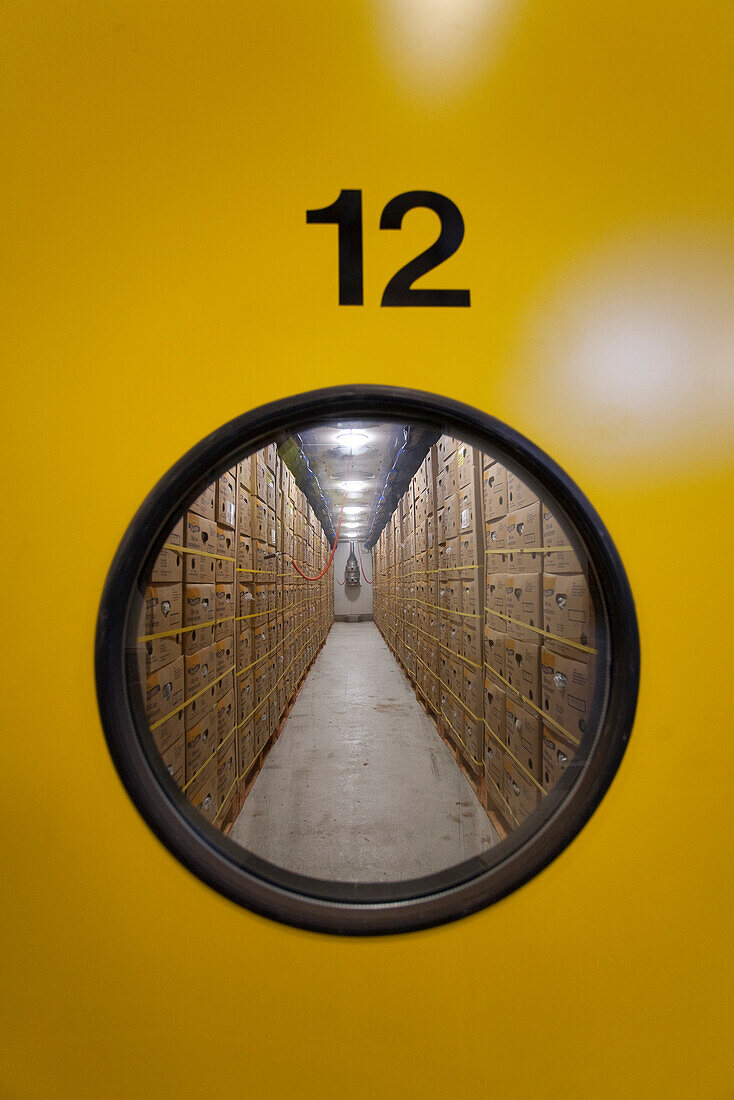 View inside cooling chamber with banana boxes, Hamburg, Germany