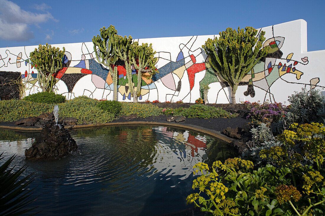 Pond and patio, Mosaik by Cesar Manrique, former residence of artist and architect Cesar Manrique, museum, Fundacion Cesar Manrique, Taro de Tahiche, Lanzarote, Canary Islands, Spain, Europe
