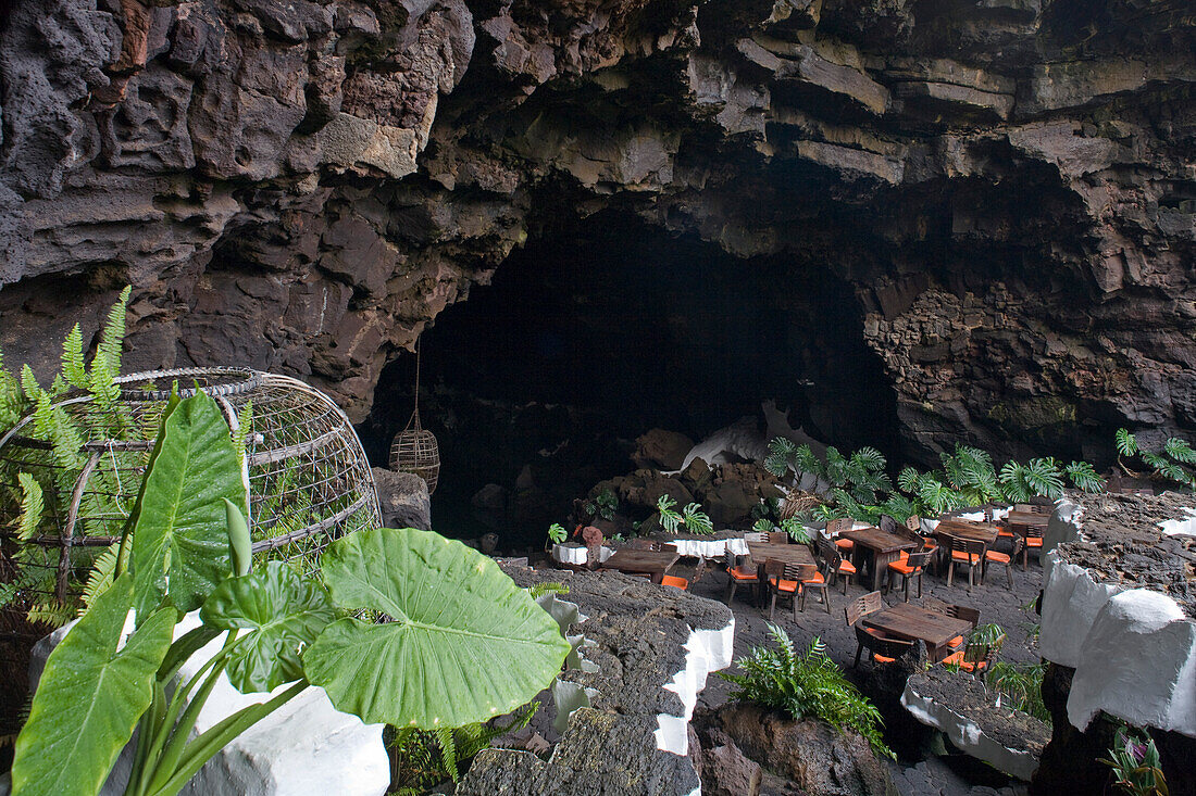 Restaurant at a volcanic cave, Jameos del Agua, hollow lava tunnel, architect Cesar Manrique, UNESCO Biosphere Reserve, Lanzarote, Canary Islands, Spain, Europe