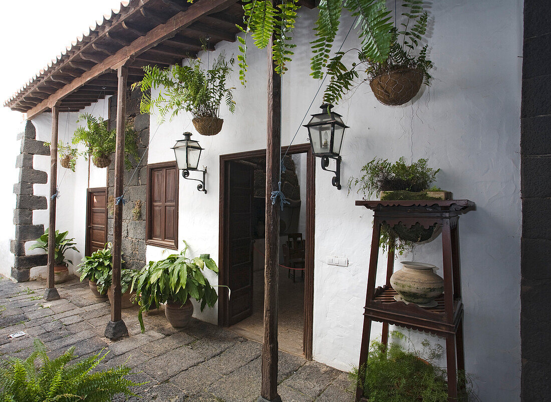 Patio of Casa Museo Palacio Spinola, aristocratic palace, 18th century, restored by architect and artist Cesar Manrique, Teguise, Lanzarote, Canary Islands, Spain, Europe