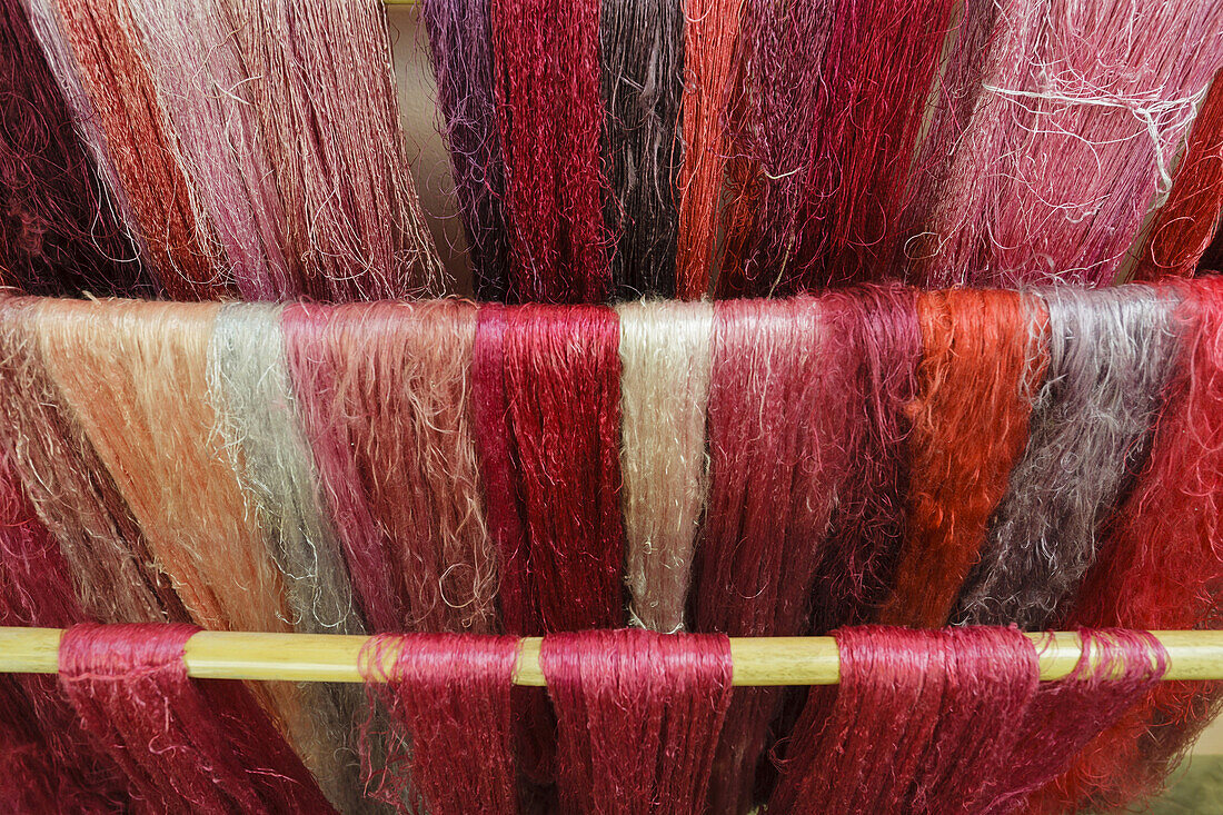 Coloured silk in a workshop, craft, silk weaver, Las Hiladeras El Paso, El Paso, La Palma, Canary Islands, Spain, Europe