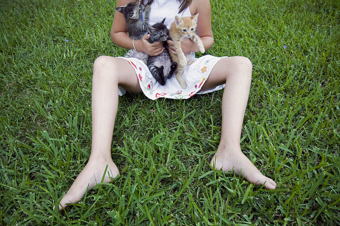 Little girl with kittens