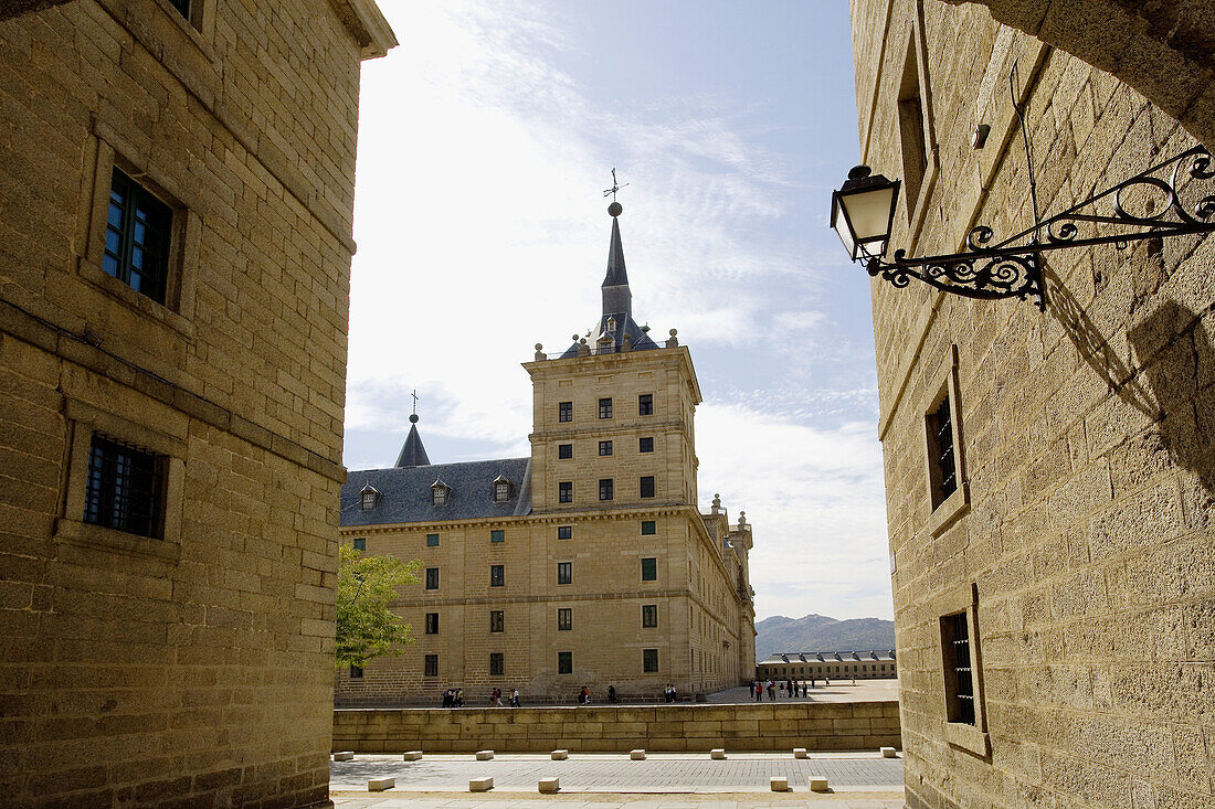 Spain,  Madrid,  El Escorial,  the Royal Monastery of San Lorenzo de El Escorial,  view of the northwestern corner tower from casa de oficios