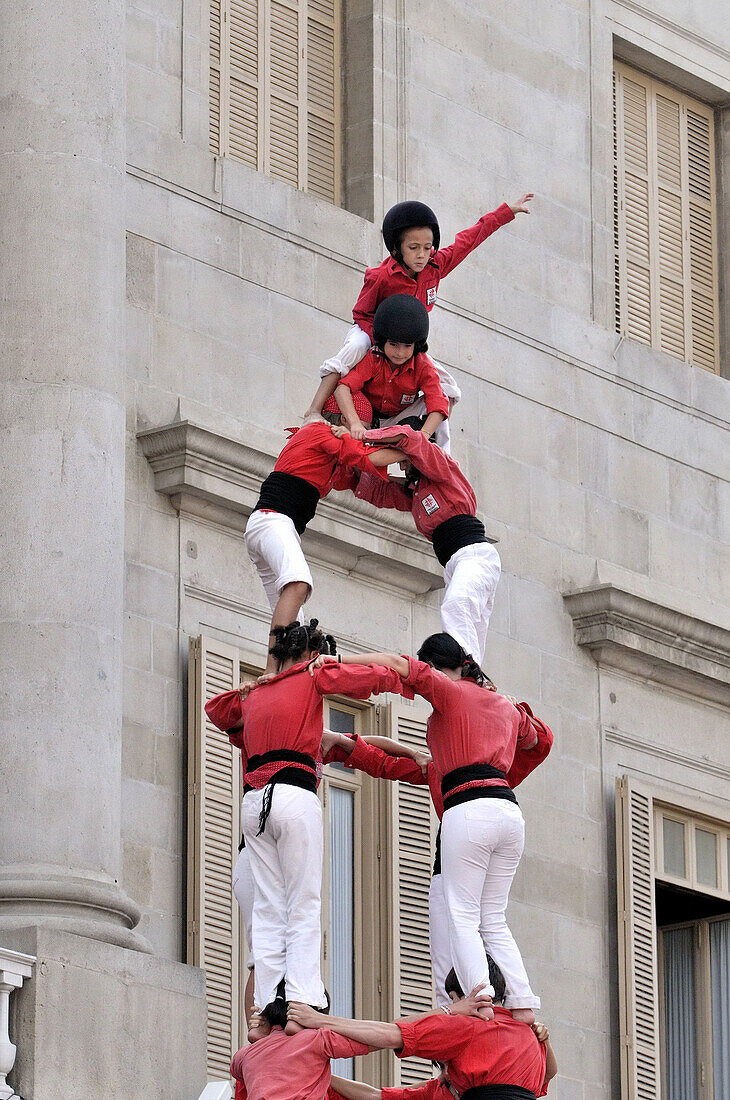 Castellers in Plaça de Sant Jaume,  Barcelona. Catalonia,  Spain