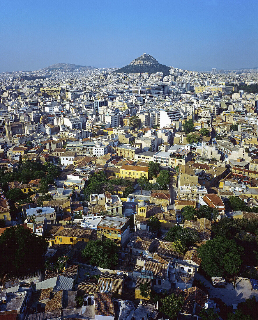 Skyline aerial with Mount Lycabettus hill,  Athens,  Greece