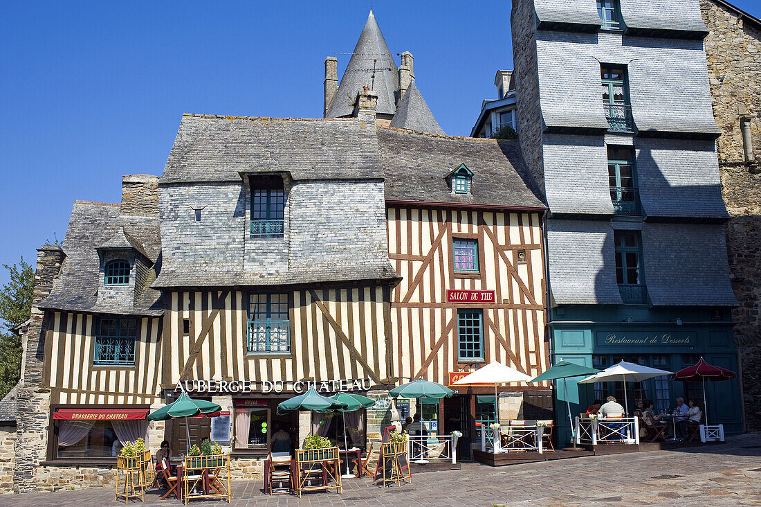 Medieval half-timbered restaurant house and terrace,  Vitré. Ille-et-Vilaine,  Bretagne,  France