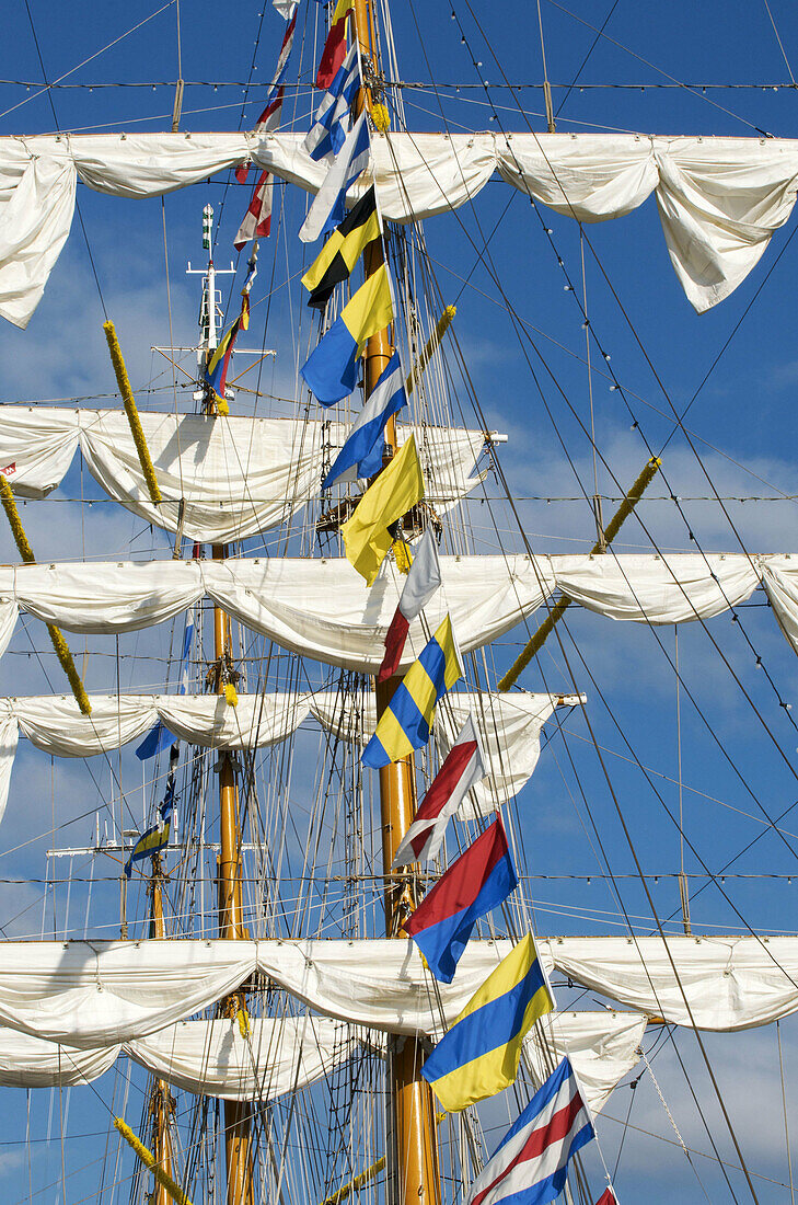 Detail of masts and sails of the ARM Cuauhtemoc sail training vessel of the Mexican Navy,  Rouen. Normandy,  France (L´Armada 2008 sailing event)