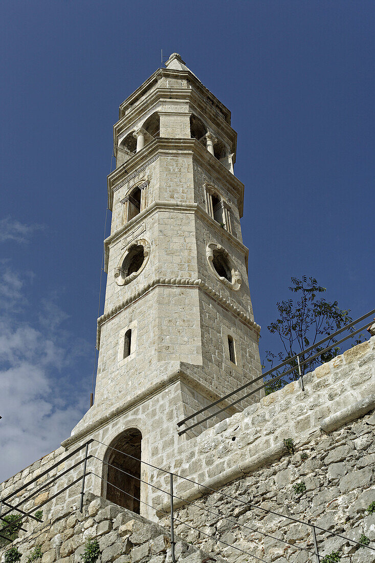 Perast, old town, Church of Our Lady of Rosary, octogonal tower, Kotor Bay, Montenegro