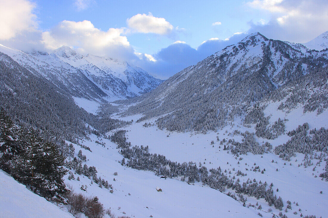 Valle cubierto de nieve. Valle de Arán. Lleida