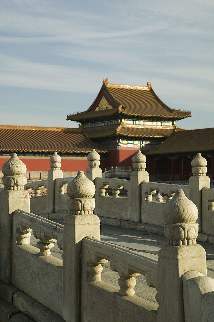 China. Beijing. The Forbidden City,  ornate bridge detail.
