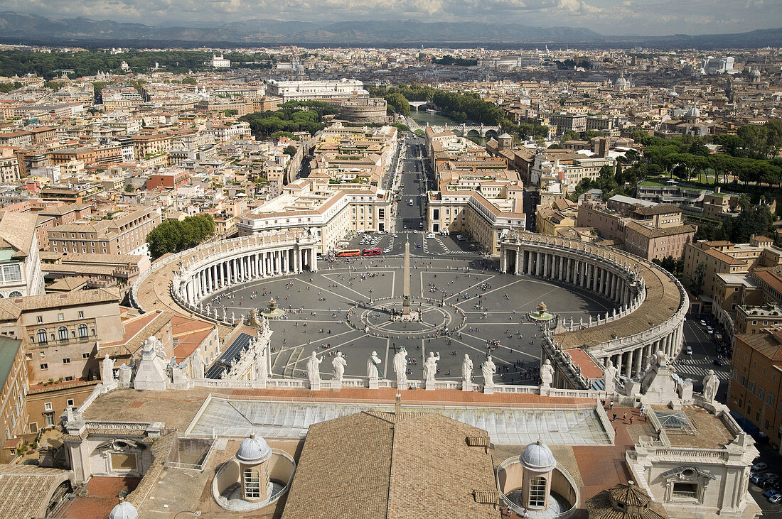 Italy,  Rome,  Vatican City.  View of St Peter´s Square,  and Rome from the top of Saint Peter´s Basilica.