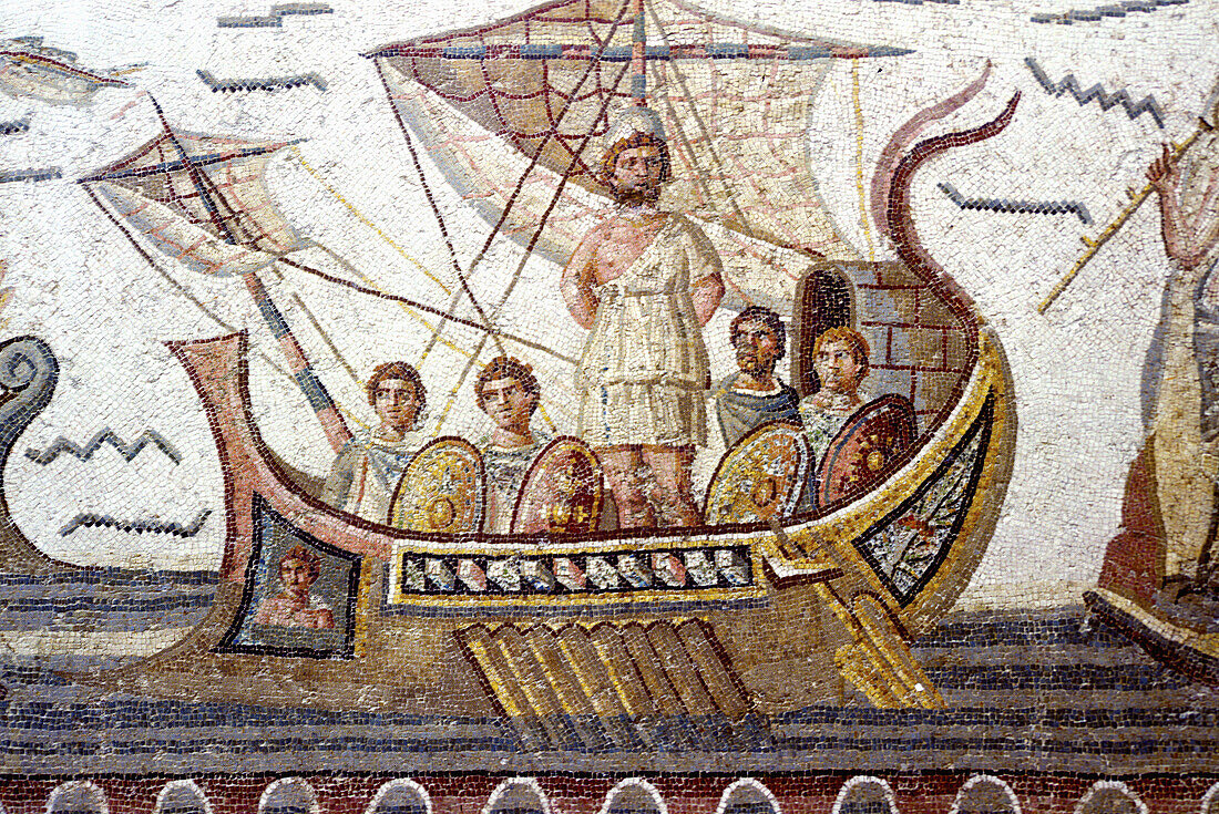 Mosaic depicting Ulysses tied to the mast to prevent himself from succumbing to the sirens temptation (c. AD 260) at Bardo National Museum,  Tunis,  Tunisia