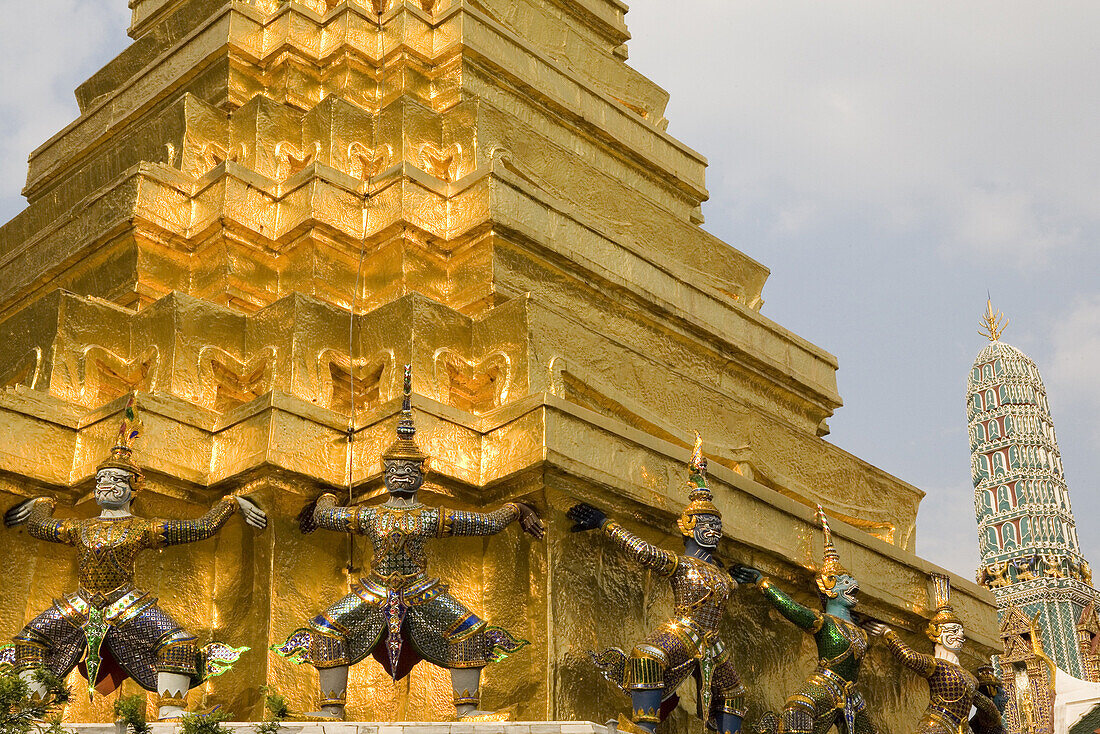 Golden building of the Royal Grand Palace with statues, Bangkok, Thailand, Asia