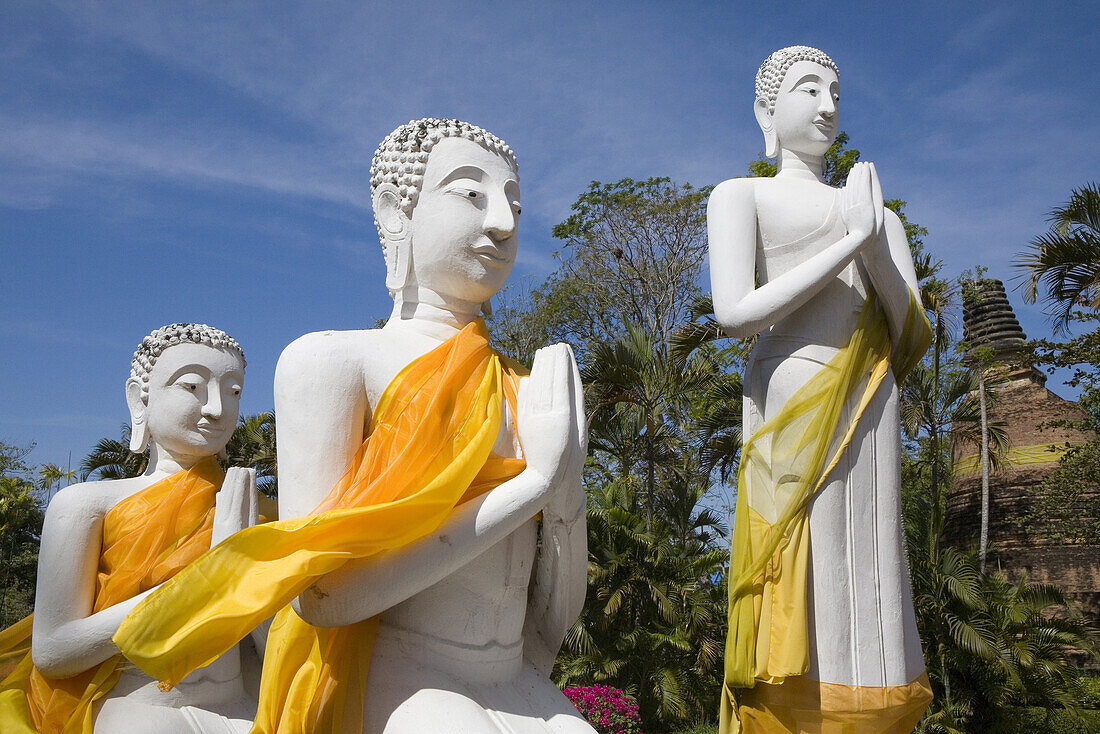Buddhafiguren mit Mönchsgewändern im Sonnenlicht, Wat Yai Chai Mongkhon, Ayutthaya, Provinz Ayutthaya, Thailand, Asien