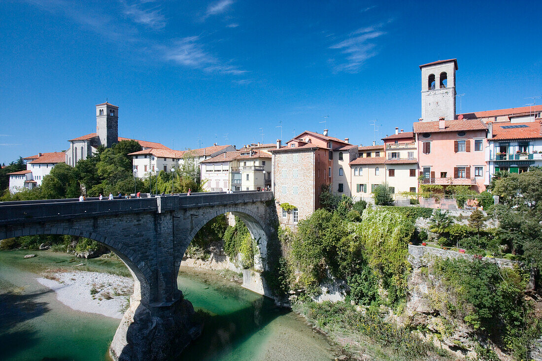 Natisone river with Devil's bridge (15th century, rebuilt in 1918), Cividale del Friuli, Friuli-Venezia Giulia, Italy