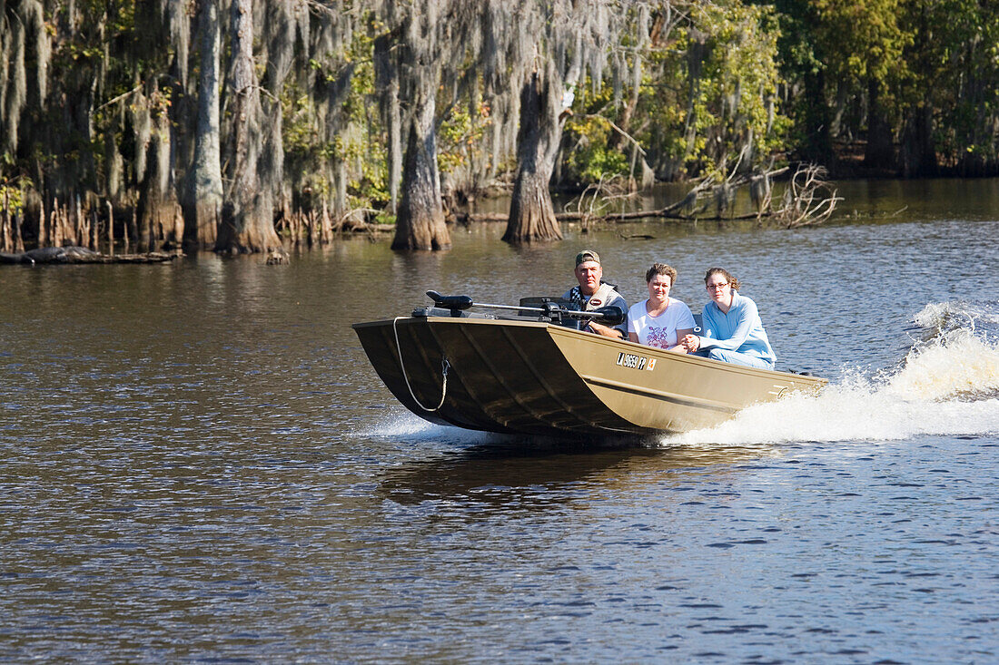 Tour on a swamp boat near Attakapas Landing on Lake Verret, near  Pierre Part, Louisiana, USA