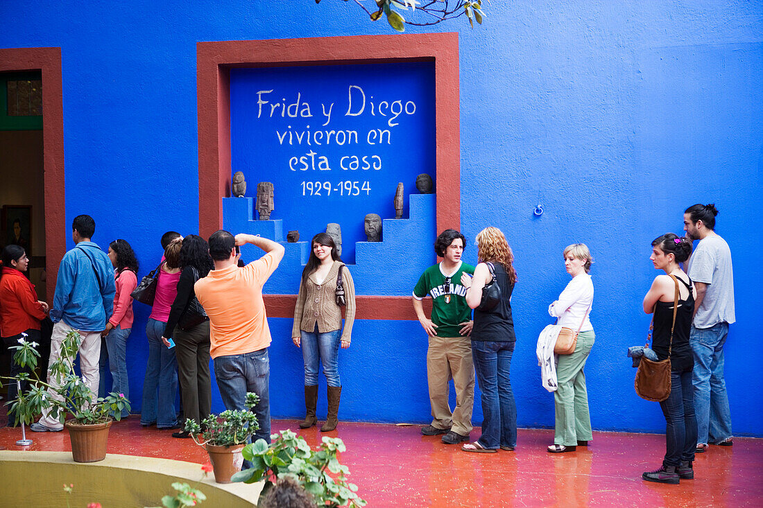 On the patio of Casa Azul, the house of artist Frida Kahlo, Coyoacan, Mexico City, Mexico D.F., Mexico