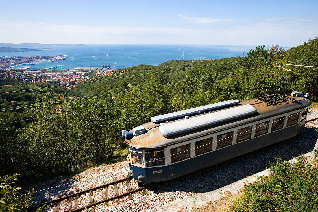 Tram to Opicina, view of Trieste in the background, Friuli-Venezia Giulia, Upper Italy, Italy