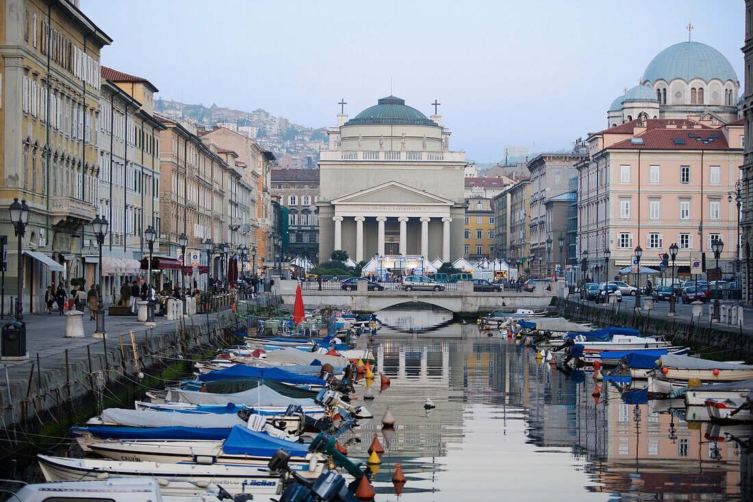 Boats on Canale Grande, church of St. Anthony in the background, Trieste, Friuli-Venezia Giulia, Upper Italy, Italy