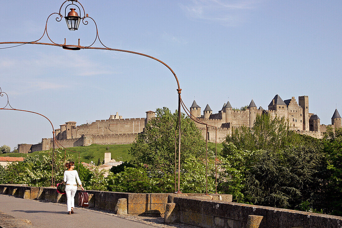 The Walls And Towers Of The Medieval City Of Carcassonne, Seen From The Old Bridge, Aude (11), France