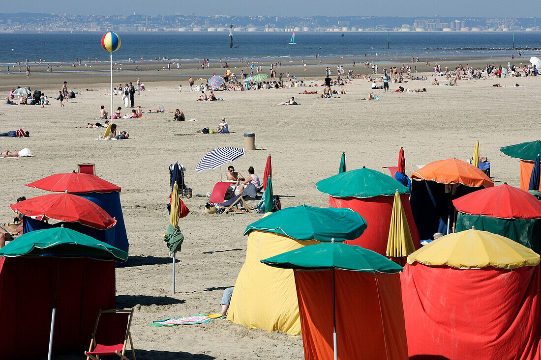 Beach Huts And Parasols Along The Boardwalk, Deauville, Calvados (14), Normandy, France