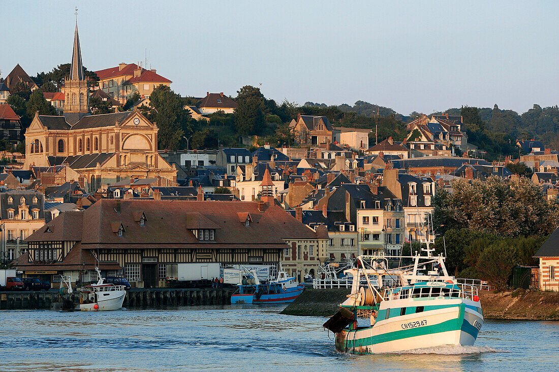 Fishing Boat Leaving The Port In Front Of The Notre-Dame Des Victoires Church, Trouville-Sur-Mer, Calvados (14), Normandy, France