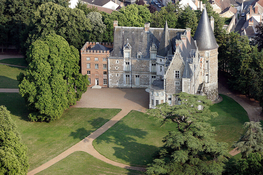 Aerial View Of The Chateau Of Courtalain, Built In The 15Th Century, A Mix Of Medieval Architecture, English Neo-Gothic And Renaissance Style Added In The 19Th Century, Eure-Et-Loir (28), France