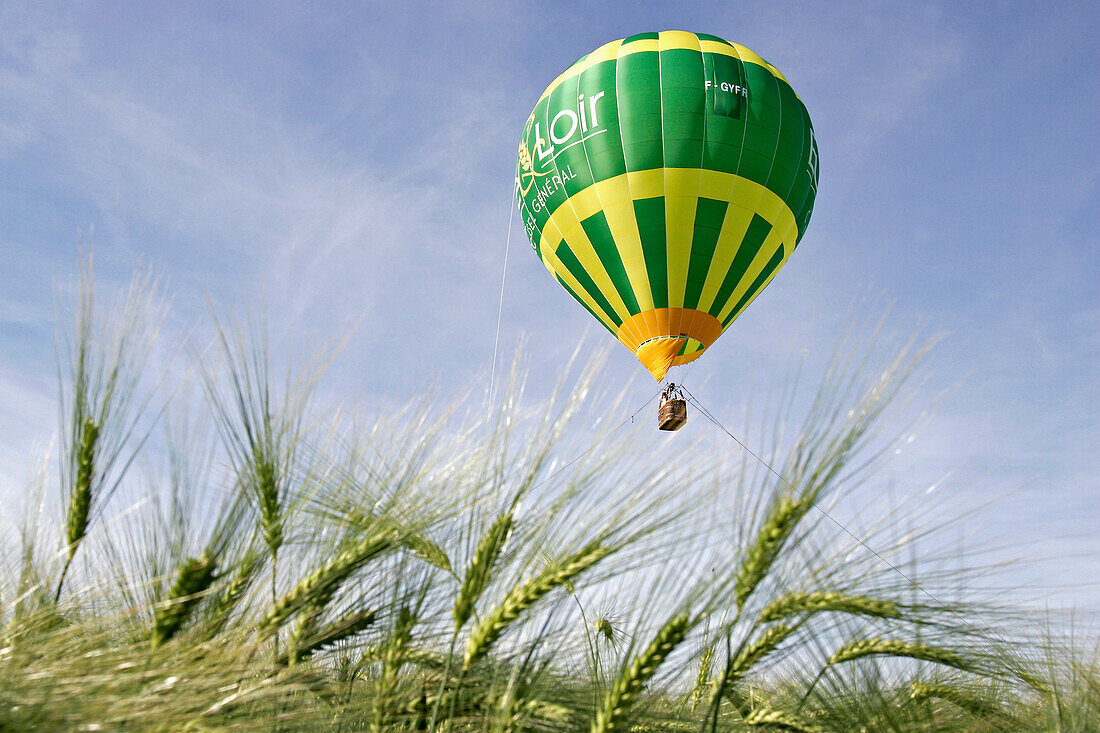 Hot-Air Balloon Of The Departmental Council Of Eure-Et-Loir Flying Over A Wheat Field, Eure-Et-Loir (28), France